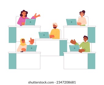 Multiracial people at office 2D vector isolated spot illustrations. Workers sitting at desks and typing on laptops flat characters on white background. Office work colorful editable scene