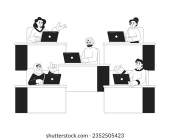 Multiracial people at office 2D vector monochrome isolated spot illustrations. Workers sitting at desks flat hand drawn characters on white background. Office work editable outline cartoon scene