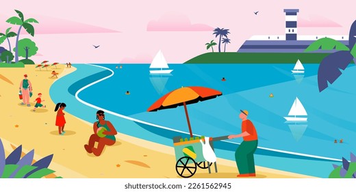 Multiracial people on the beach, enjoying their vacation in Brazil. Seaside view of lighthouse
in Salvador. Vector artwork.