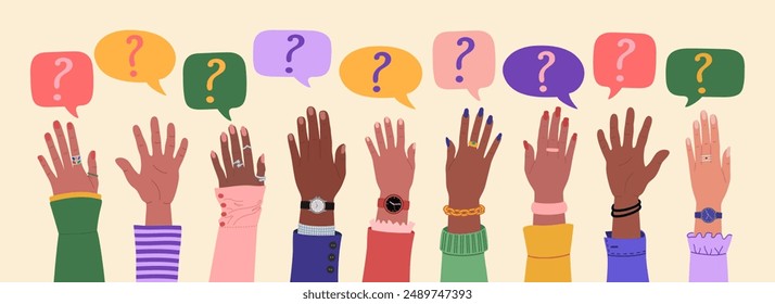 Multiracial people raising hands and speech bubbles with questions marks. FAQ and questions concept. Hand drawn vector vector illustration isolated on light background, modern flat cartoon style.