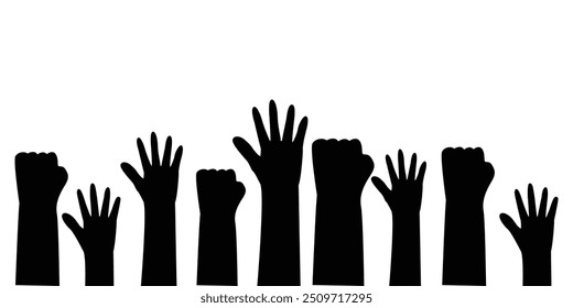 Multiracial people's hands and fists raised in the air. illustration of people protesting. Symbol of victory, strength, power and solidarity.