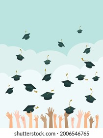 Multiracial people's hands throwing graduation hats in the air. Graduating students. Celebrate End of the School, College or University
