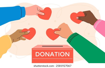 Multiracial person hands putting hearts in donation box. Donation and charity concept, volunteering. Vector illustration.