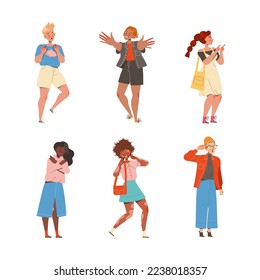 Multiracial positive people with appearance features set. Girls in fashionable clothes doing different gestures cartoon vector illustration