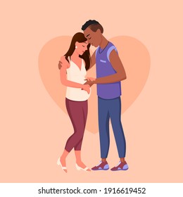 Multiracial pregnant mother and father vector illustration. Cartoon young pregnant couple of mixed race, expecting husband wife hug and proud, family standing together, happy pregnancy background