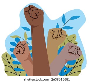 multiracial raised fists. Illustration of clenched fist. protest. labour. juneteenth. spirit