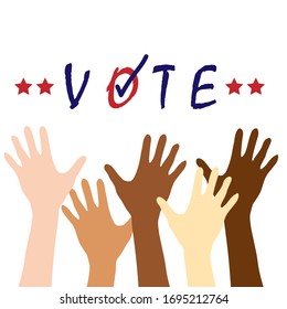 Multiracial raised up hands. Vector illustration of election vote. Multiethnicity, diversity, union and strength concept.