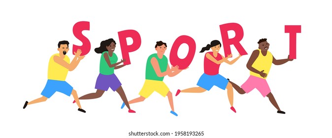 multiracial running people athletes with letterrs sport word vector illustration