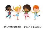 Multiracial school kids. Boys and girls are playing together happily jump. Kids Play at the grass. The concept is fun and vibrant moments of childhood. Vector illustrations