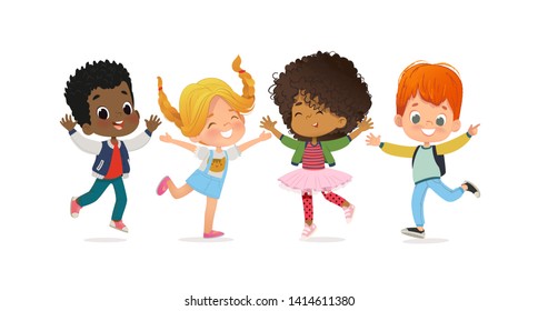 Multiracial school kids. Boys and girls are playing together happily jump. Kids Play at the grass. The concept is fun and vibrant moments of childhood. Vector illustrations