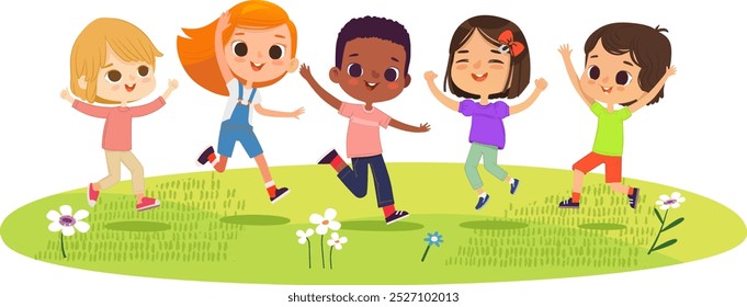 Niños escolares multirraciales. Los niños y las niñas están jugando juntos y saltan felices. Niños Jugar en el césped. El concepto es momentos divertidos y vibrantes de la infancia. Ilustraciones vectoriales