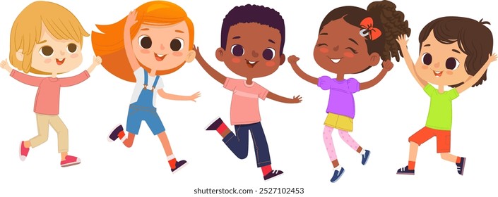 Multiracial school kids. Boys and girls are playing together happily jump. Kids Play at the grass. The concept is fun and vibrant moments of childhood. Vector illustrations