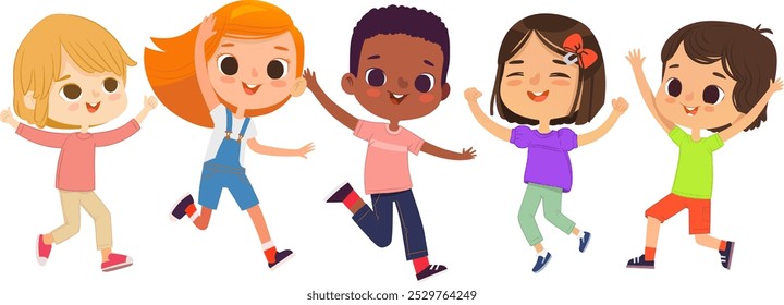 Multiracial school kids. Boys and girls are playing together happily jump. Kids Play at the grass. The concept is fun and vibrant moments of childhood. Vector illustrations