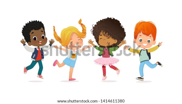 多人種の学校の子ども 男の子と女の子は幸せに飛び跳ねて遊んでいる 子供は草むらで遊ぶ このコンセプトは楽しく活気に満ちた子ども時代の瞬間です ベクター イラスト のベクター画像素材 ロイヤリティフリー