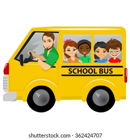 multiracial school kids riding a schoolbus