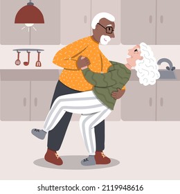 Multiracial senior couple dancing in the kitchen. Old lady and black african american gentleman dancing romantically. Stylized vector hand drawn illustration. Happy multiracial family concept.