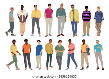 Multiracial Set of stylish men different ages wearing summer street fashion outfit. Business men in smart casual office clothes. Vector realistic illustrations isolated on white background. Not AI art