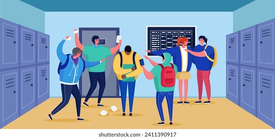 Multiracial students with backpacks in school hallway talking. Cheerful diverse teenagers sharing news near lockers. Friendship and high school life vector illustration.