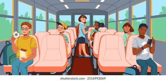Ilustração de ônibus escolar multirracial para estudantes
