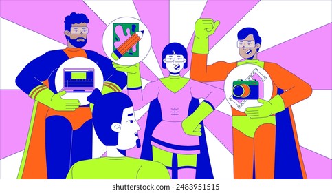 Multiracial superheroes team helping caucasian man to find hobby 2D linear illustration concept. Supportive friends group cartoon scene background. Lifestyle metaphor abstract flat vector graphic