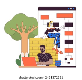 Multiracial team developing software 2D linear cartoon characters. Web designers work isolated line vector people white background. Computer software designing color flat spot illustration
