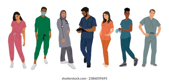 Multiracial team of medic workers in scrubs vector