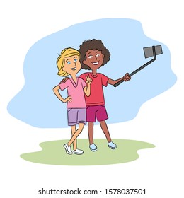 Multiracial teenager friends taking selfie together via smartphone on selfie-stick. Afro-american and caucasian girls photographing for social media networks. Vector flat cartoon illustration