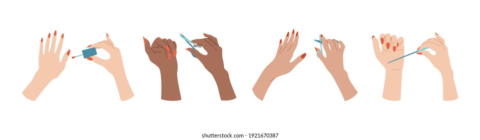 Multiracial trendy manicured hand set. Female hands nail design, varnish, file and scissors. Flat spa manicure accessories, equipment tools. Different nations Spa beauty concept vector illustration