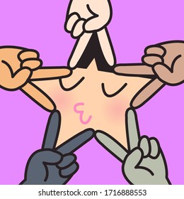 Multiracial Victory And Peace Hands Sign Make Star Shape Around Girl With Relaxing Face Concept Card Character illustration