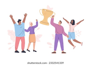 Gráfica vectorial plana de concepto de equipo multirracial. Gente feliz con copa de oro. Composición de dibujos animados exitosos del grupo para el diseño web. Idea creativa para sitio web, móvil, presentación