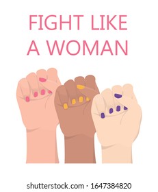 Multiracial woman hands with her fist raised up. Fight like a woman. Girl power and feminism concept. Idea of gender equality and female movement. Isolated vector illustration in cartoon style