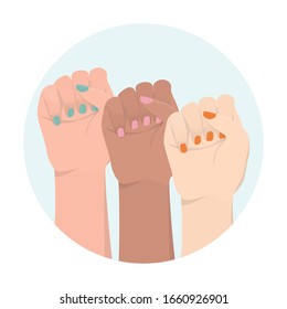Multiracial woman hands with her fist raised up icon. Girl power and feminism concept. Idea of gender equality and female movement. Isolated vector illustration in cartoon style