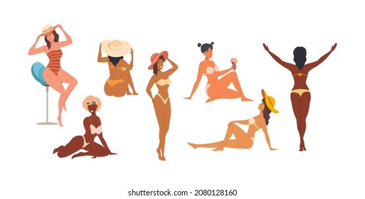 Multiracial woman in swimsuits different figure types carrying surfboard and air ball set. Happy tanned diverse female in bikini sunbathing, relaxing, enjoy summer recreational activity flat vector