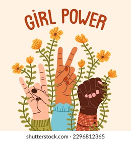 Multiracial Woman's hands her fist raised up. Girl Power, sisterhood, society, support, healthy life, compassion, protest, revolution, feminists fight, vector cartoon illustration