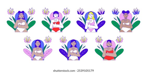 Multirracial mulheres câncer de mama autoexame 2D conceitos ilustração conjunto. Fêmeas diversas em sutiã examinando-se personagens de desenhos animados isolados em branco. Coleção de vetores planos abstratos de metáforas