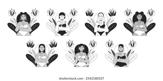 Mulheres multirraciais câncer de mama autoexame preto e branco conceitos 2D definir. Fêmeas em sutiã se examinando traçado de personagens de ilustração isolados. Coleção de vetores monocromáticos de metáforas