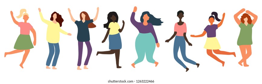 Multiracial women of different figure type and size dressed in comfort wear standing in row. Female cartoon characters. Body positive movement and beauty diversity. Vector illustration
