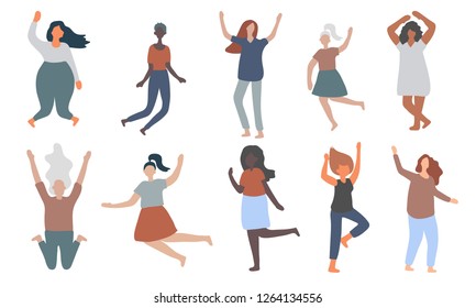 Multiracial women of different figure type and size dressed in comfort wear jump and have fun. Female cartoon characters. Body positive movement and beauty diversity. Vector illustration
