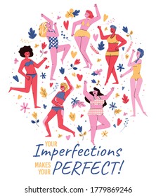 Multiracial women of different height and diverse figure type in swimsuits and body positive slogan text, flat vector illustration isolated on white background.