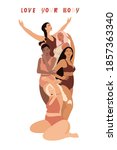 Multiracial women of different height, figure type and size dressed in swimsuits standing in row. Love your body. Body positive movement and beauty diversity. Vector flat illustration.