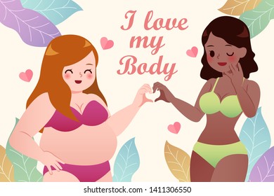 Multiracial women of different height and figure type heart from hands in swimsuits standing in row