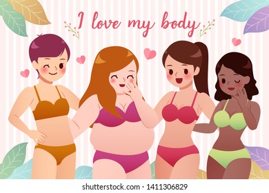 Multiracial women of different height and figure type in swimsuits standing in row