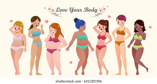 Multiracial women of different height and figure type in swimsuits standing in row