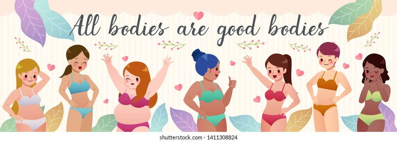 Multiracial women of different height and figure type in swimsuits standing in row