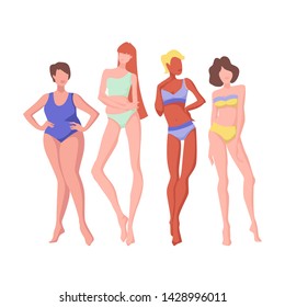 Multiracial women of different height, figure type and size dressed in swimsuits standing in row. Body positive illustration of diffrent body types.