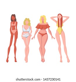 Multiracial women of different height, figure type and size dressed in swimsuits standing in row. Body positive illustration of diffrent body types.