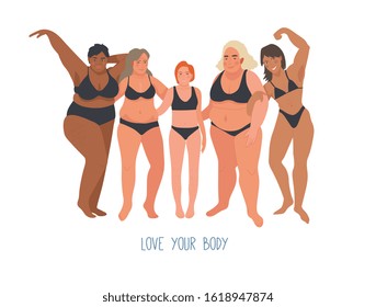 Multiracial women of different height, figure type and size dressed in swimsuits standing in row. Female free flat characters. Body positive movement and beauty diversity. Vector illustration.