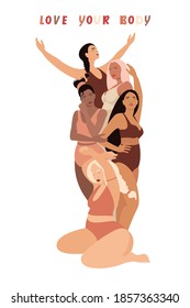 Multiracial women of different height, figure type and size dressed in swimsuits standing in row. Love your body. Body positive movement and beauty diversity. Vector flat illustration.