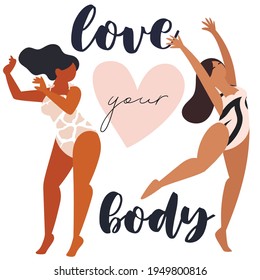 Multiracial women of different height, figure type and size dressed in swimsuits. Female cartoon characters. Body positive movement and beauty diversity. Vector illustration.
