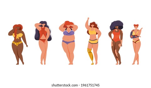 Multiracial women of different height, figure type and size dressed in colorful swimsuits. Body positive movement. Prosthetic legs, tattoos, vitiligo, cellulitis.Vector illustration.